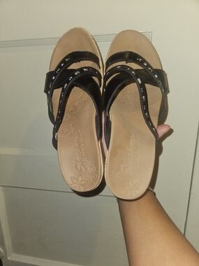 Skechers Black Strappy Slip-On Sandals with Tan Footbed